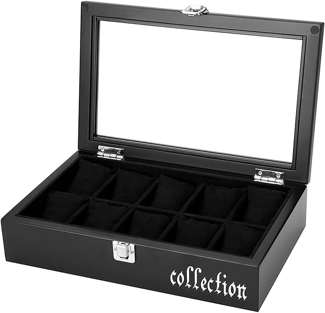 

Anberotta Роскошный Деревянный Органайзер для Хранения Часов Большой Прозрачный с Надписью 10 Отсеков, Футляр, Подставка, Вместимость, Стекло, N-J141-T (черный, (Держатель для часов))