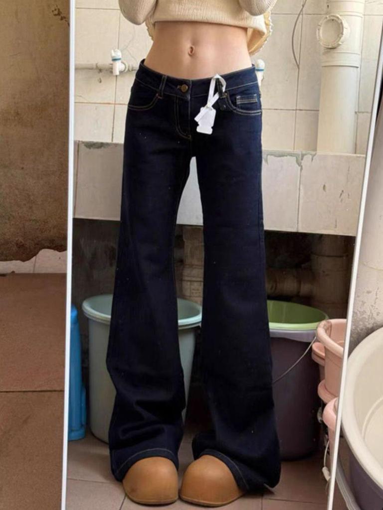 Women's Petite Dark Blue Micro-Flare Low Waist Floor-Length Jeans - Spring Fashion Versatile Style