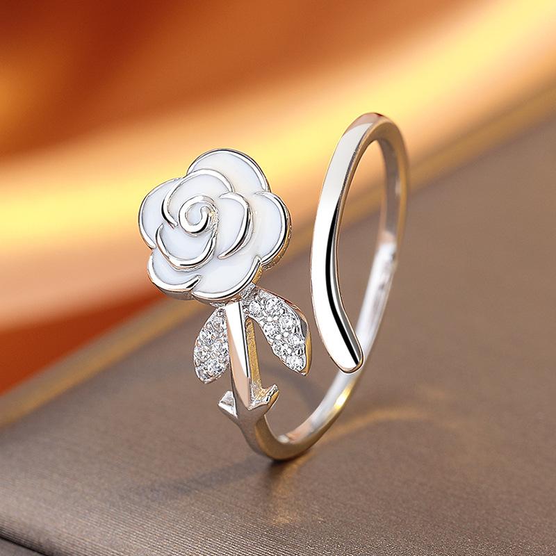 French Sweet Dripping Camellia Open Ring Women'S Niche Design High-End Rose Plain Ring Index Finger Ring