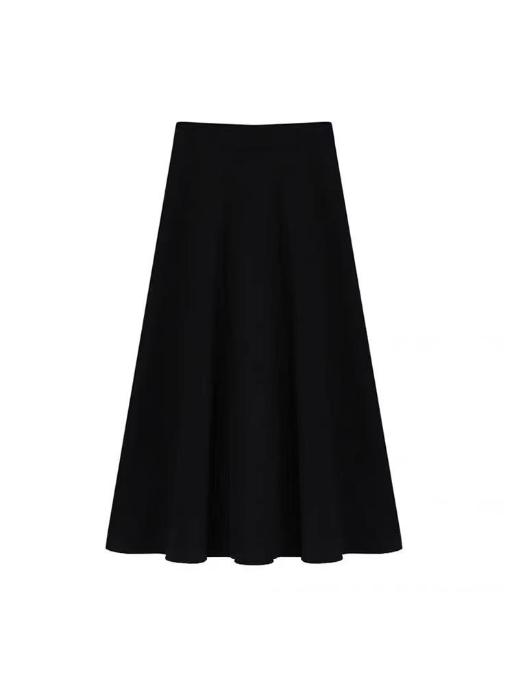 Women's Black High-Waist A-Line Umbrella Skirt - Spring/Autumn 2024, Small Size, Medium Length