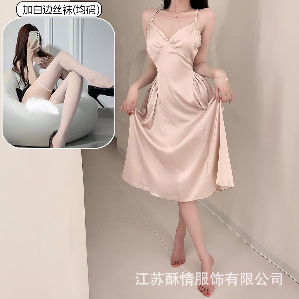 Crispy sexy suspender long hollow backless strap solid color low neck temptation casual nightdress home set