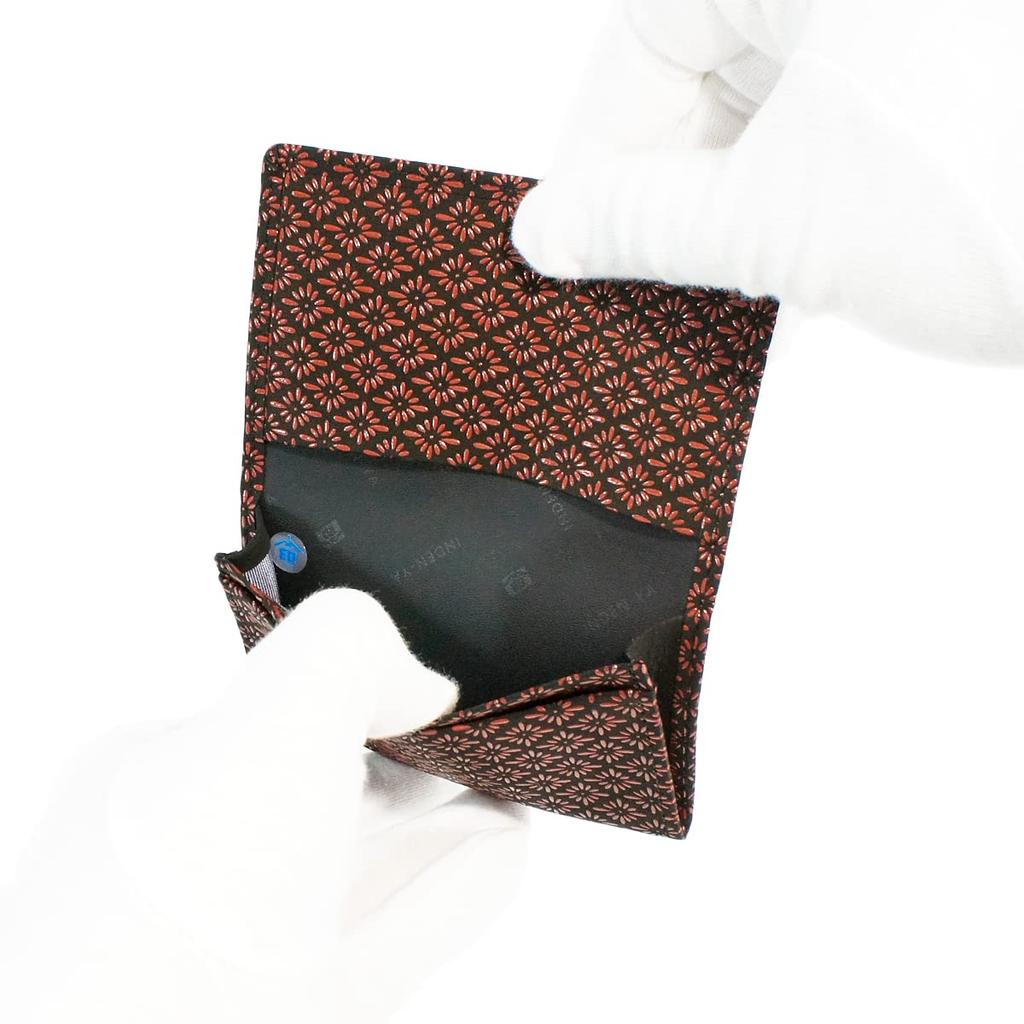 [Inden-ya] Inden Business Card Case, Large Capacity, Deerskin Leather, Black with Red Lacquer, Diamond and Chrysanthemum Pattern, 2501-21-017