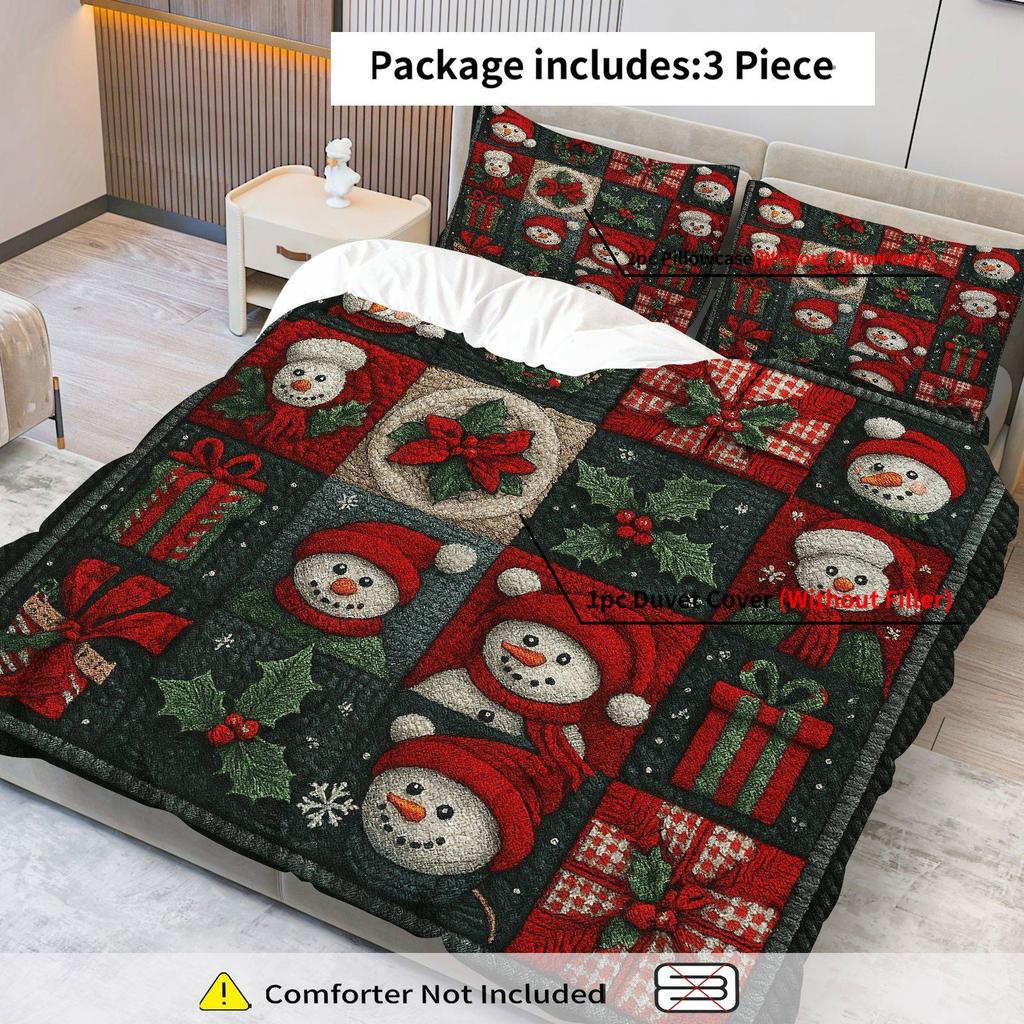 3pcs Festive Snowman & Holly Checkered Duvet Cover Set - Cozy Christmas Bedding with Zipper Closure, Machine Washable