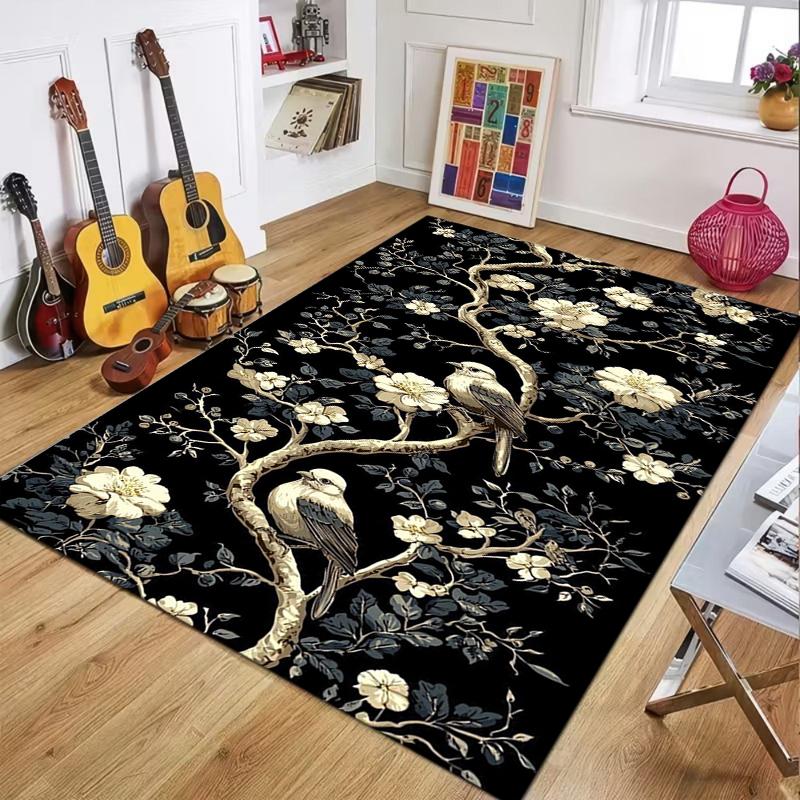 Elegant Floral Area Rug Dark Non-Slip Floor Mat with Retro Floral Pattern Boho Style Home Decor Washable Carpet for Entryway