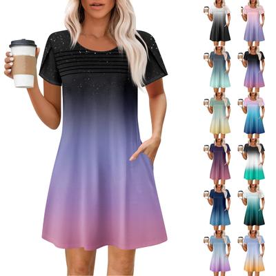 Robes d'été décontractées à col rond et plissées pour femmes, avec poches, imprimées et à manches courtes