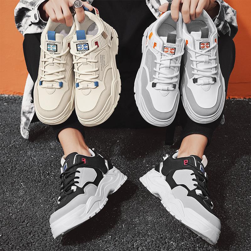 Herrenschuhe Frühling vielseitig lässig Werkzeugschuhe Arbeit Lederoberfläche wasserdicht rutschfest Sport erhöhend kleine weiße Trendschuhe