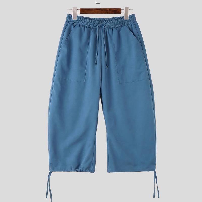 INCERUN Men Drawstring Elastic Waist Solid Color Casual Loose Cropped Pants Trousers S