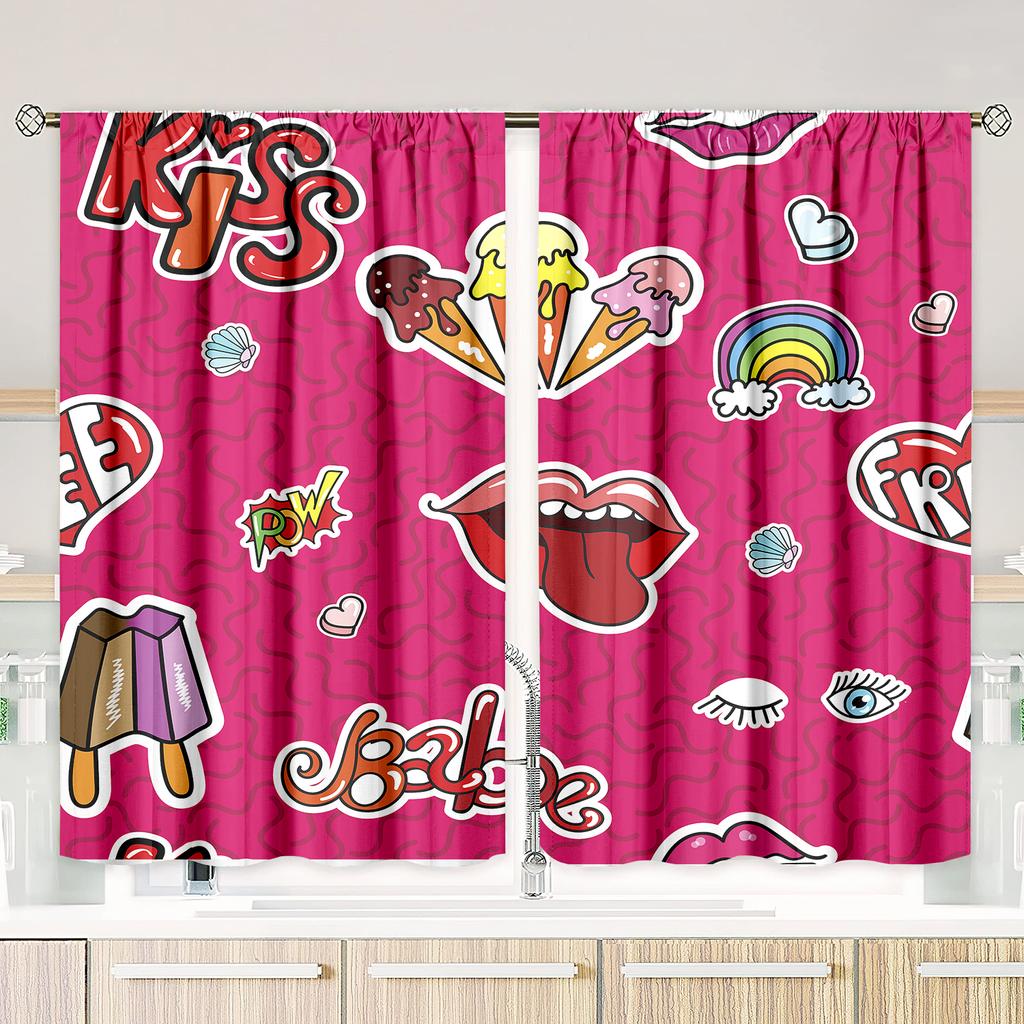 premium 2 pieces of Cartoon graffiti exaggerates personality printing curtain panel - polyester material - suitable for bedroom living room st