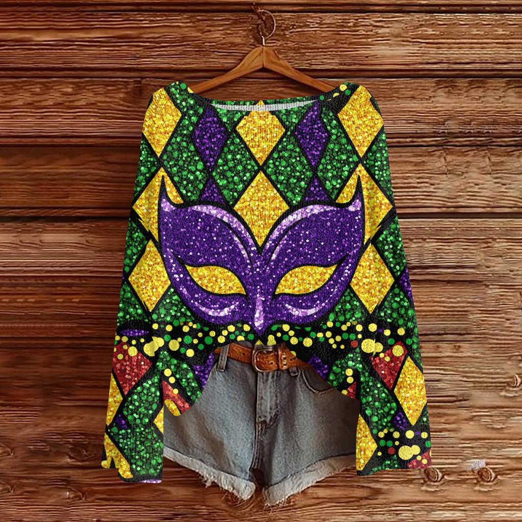 Damen Casual Mode Rundhals Oberteil Karneval Print Langarm Strickpullover