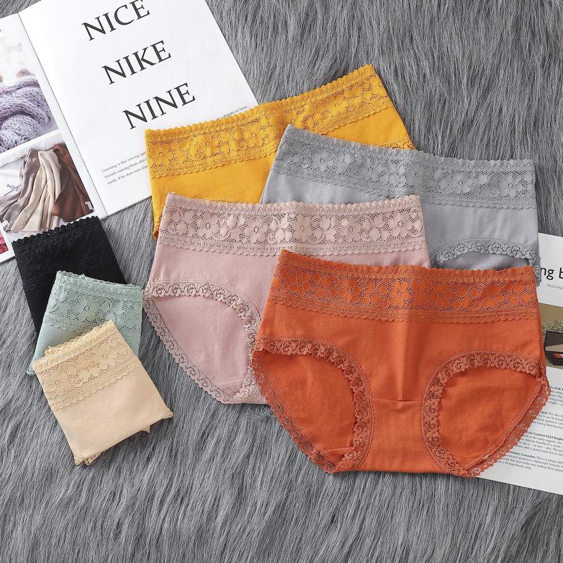 Hautfreundliche atmungsaktive Damenunterwäsche aus reiner Baumwolle, mittelhoch geschnitten, einfarbig, sexy Spitzenkanten-Slips, bequeme Damen-Dreiecksslips