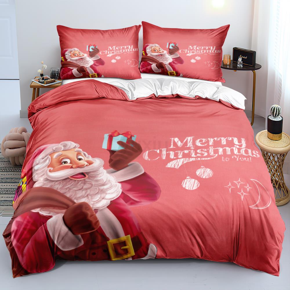 3D Christmas King Queen Duvet Cover Set Kids Cartoon Merry Christmas Red Quilt Cover 2/3pcs Polyester Beddings Set Single Double