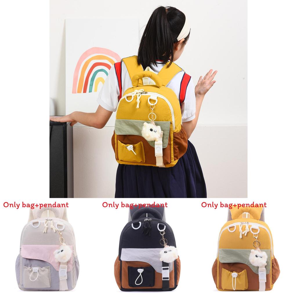 Childrens Color Blocked Backpack With Plush Pendant For School Use