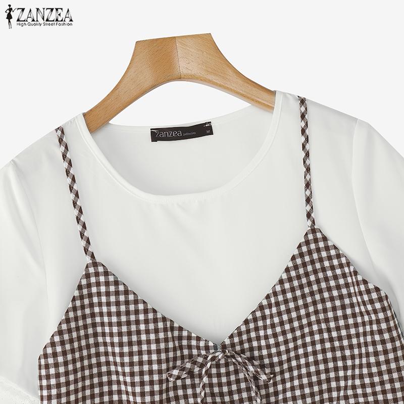 ZANZEA Women Casual Round Neck Plaid Patchwork Short Sleeve Blouse