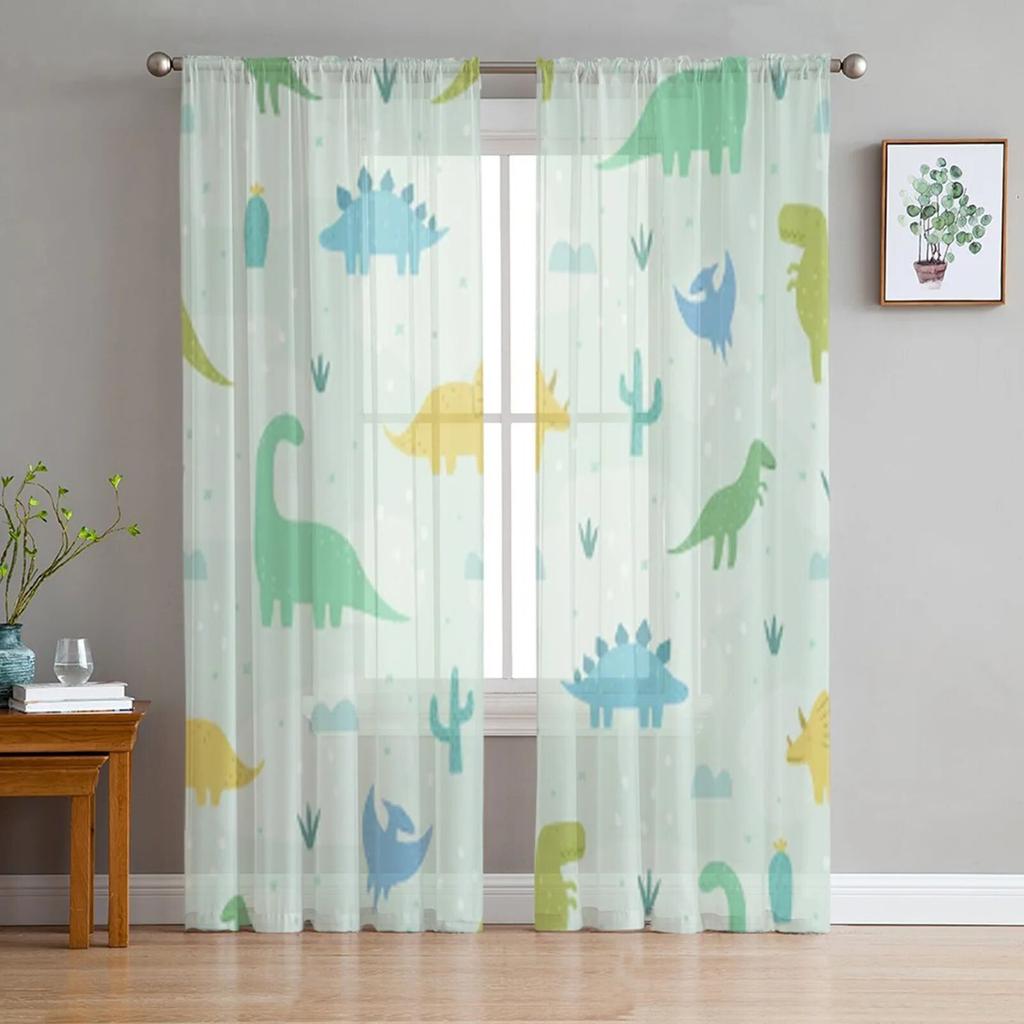 Animal Green Dinosaur Plant Tulle Sheer Window Curtains for Living Room Kitchen Children Bedroom Voile Hanging Curtain