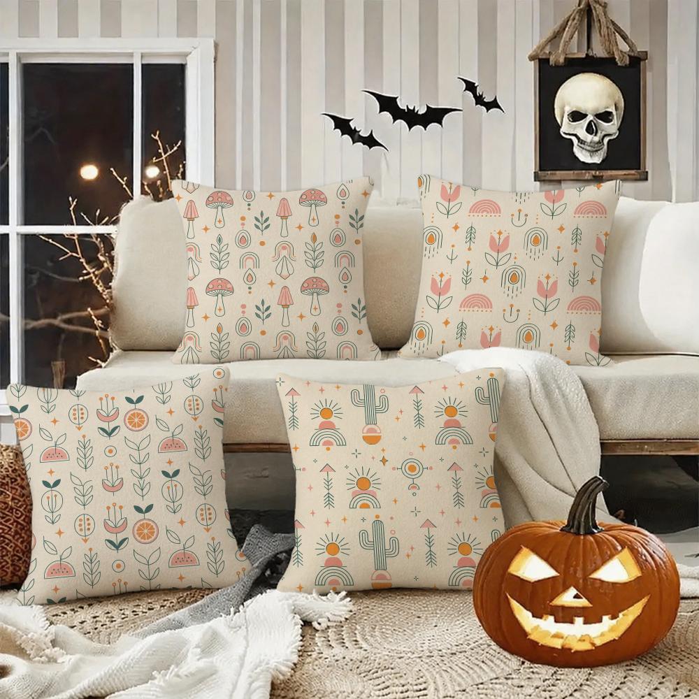 Boho Halloween Gift Cushion Cover Halloween Rustic Throw Pillow Covers, Cute Ghost Pumpkin Maple Leaf Cushion Covers