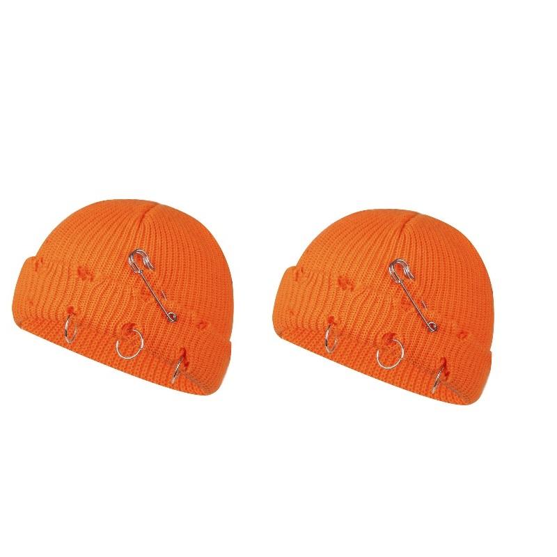 Women Girls Y2k Gothic Beanie Winter Knit Hats Trendy Metal Rings Pin Hip Hop Streetwear Harajuku Skull Cap Emo Scene Grunge