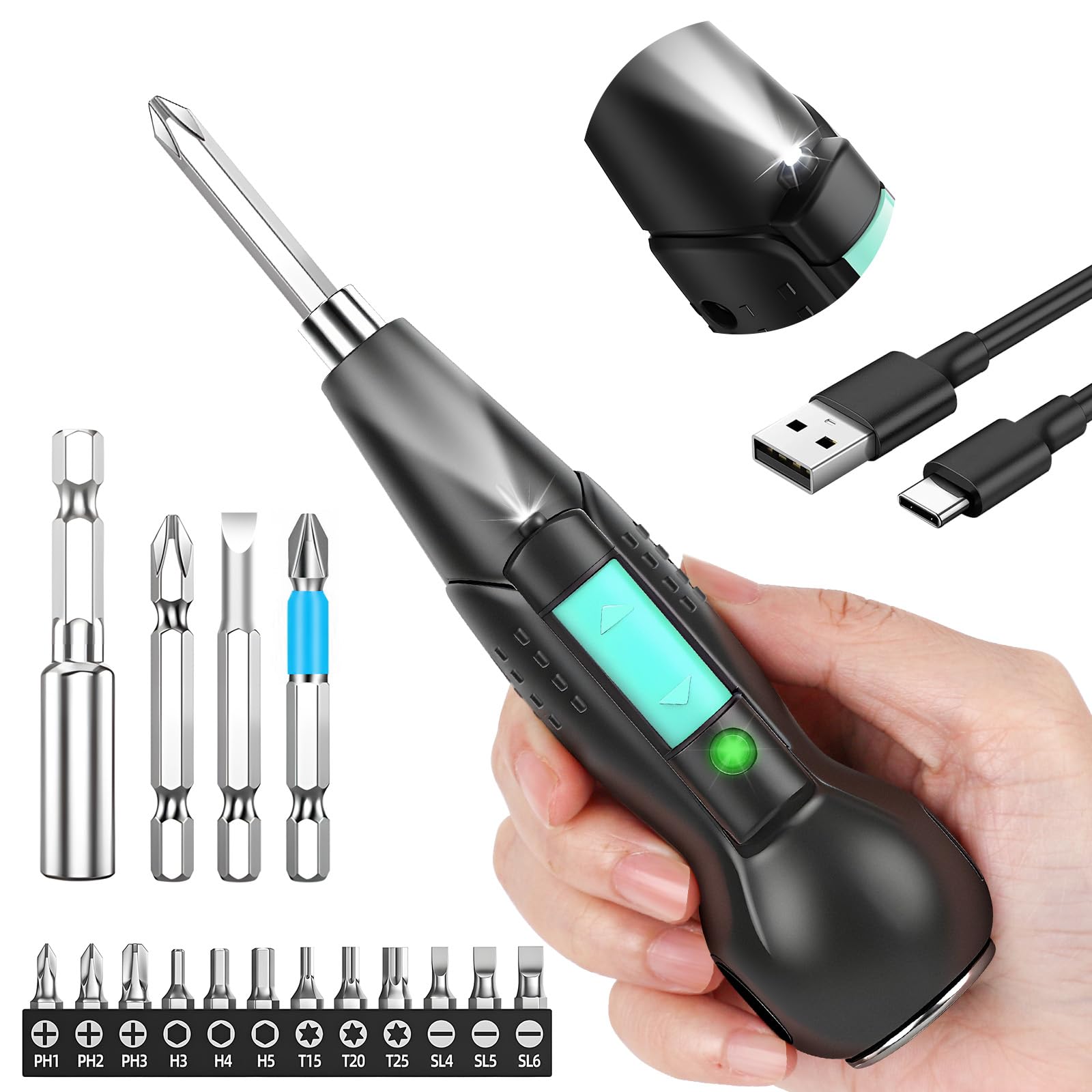 

Kemolpo Мощный Электрический Включает Набор из 15 Бит из Легированной Стали со Светодиодной Подсветкой Легко Закручивать Дома Подходит для Женщин и Начинающих Компактный, Отвертка, USB-C чёрный