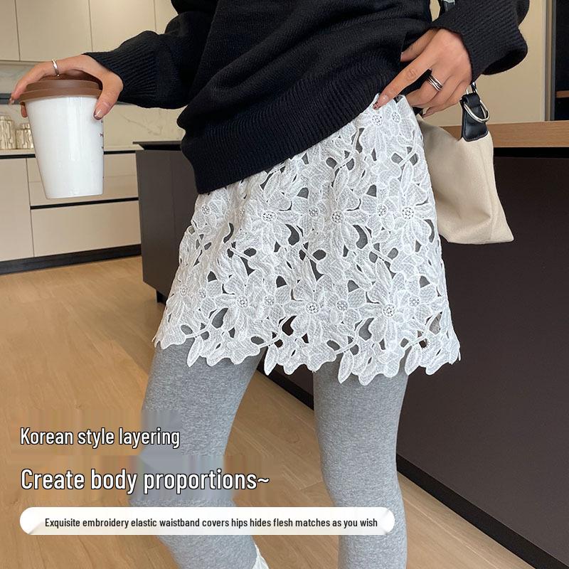 Lace Hem Layered Sweatshirt Skirt - Versatile White Short Skirt & Outerwear Piece