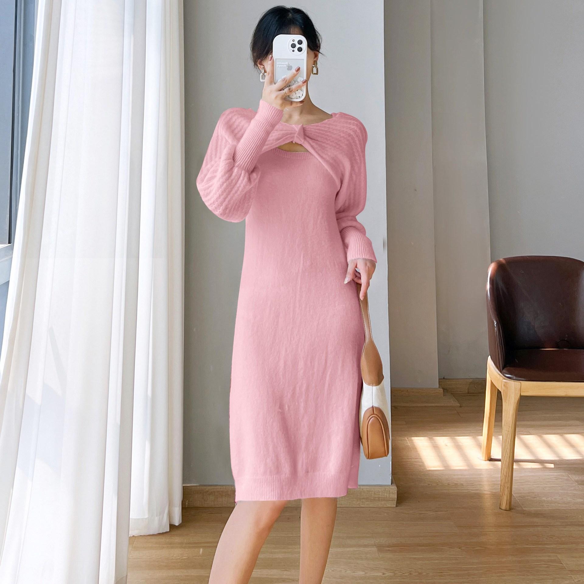 

Осенне-зимний бант шаль с длинным рукавом чистое желание стройное и тонкое платье на бретелях вязаный костюм женский one size fits all