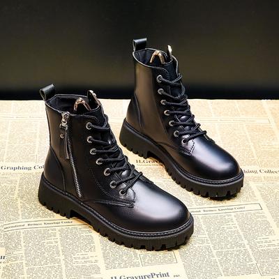 Inner Height-increasing Martin Boots Women's 2025 New Versatile Short Boots Black Straps Korean Version Side Zipper Round Head Middle Heel Single Boot