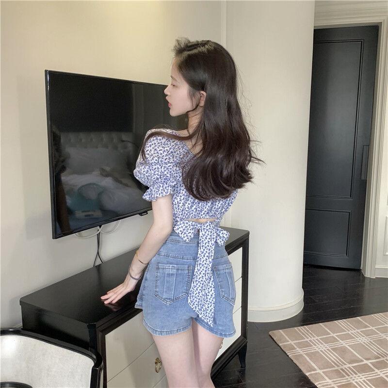 Trend Women Floral Sexy Crop Top Short Puff Sleeves V Collar Pullover Vintage Style T-shirts Summer Fitting Tees