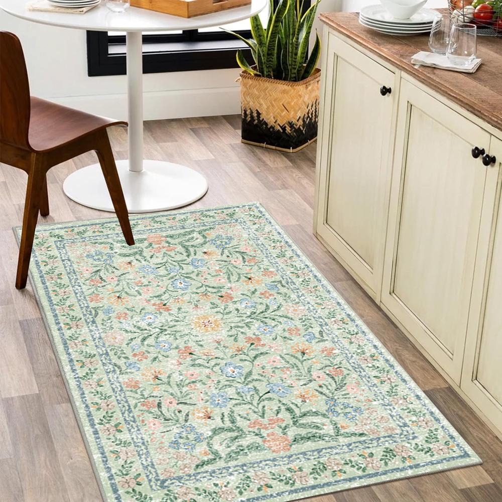 Machine Washable Green Flower Design Dirt-Resistant Carpet