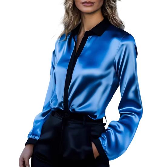 

Жіноча сорочка з лацканами, з довгим рукавом, атласної текстури, дихаюча, з кольоровими вставками, вільного крою, офіційні повсякденні топи 2XL синій