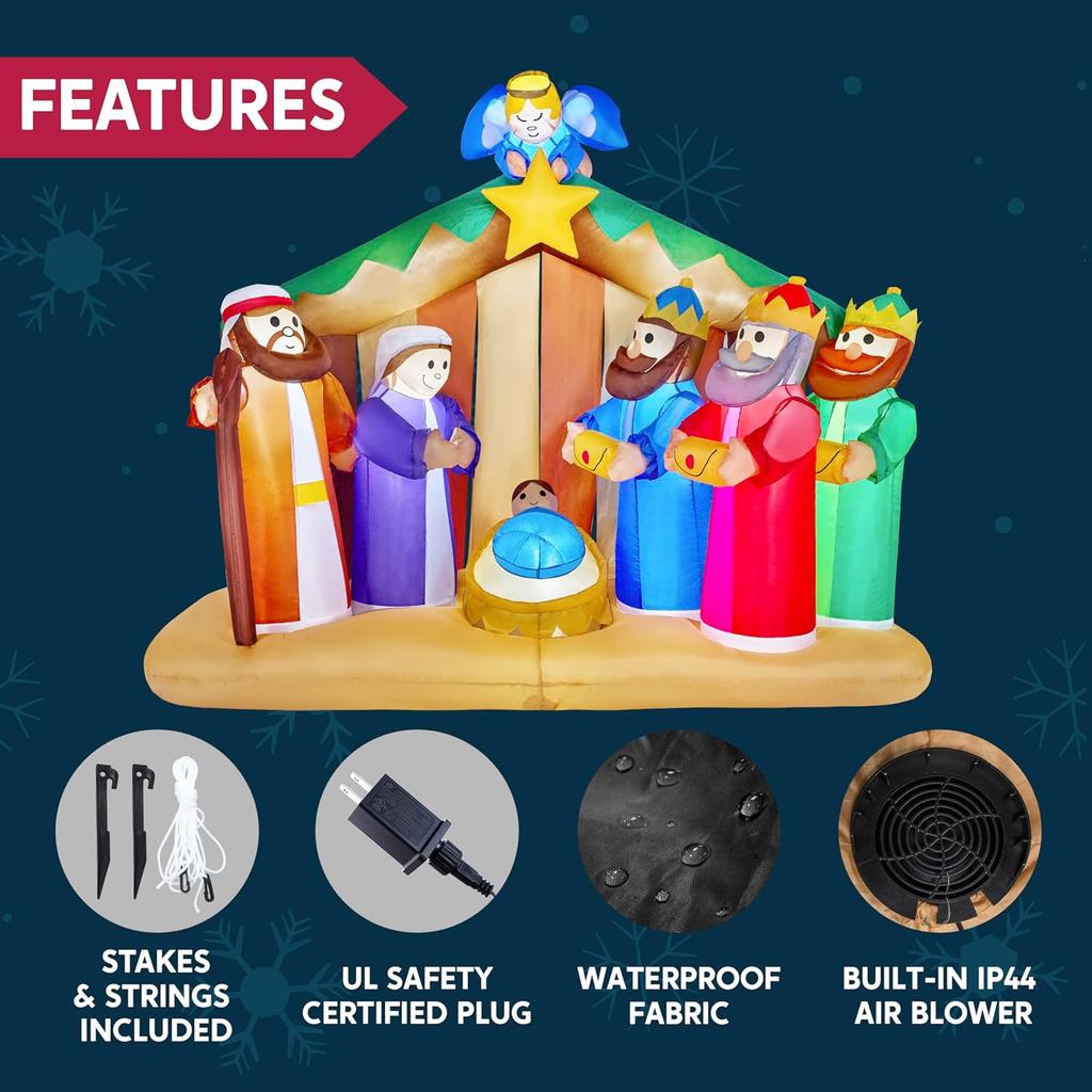 JOYFY 6.5 ft Christmas Inflatable Nativity Scene with Angels with Build-in LEDs for Christmas Party Indoor Outdoor Décor