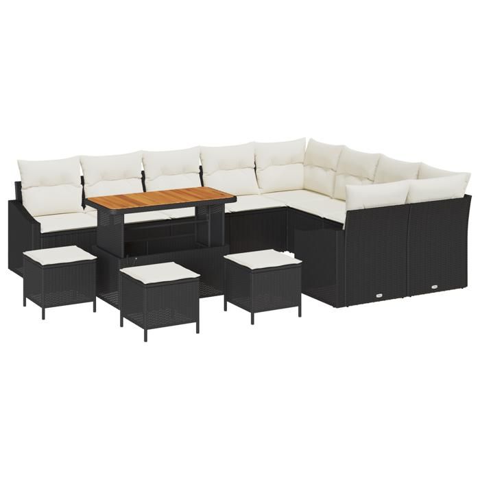 Ensemble de Canapé de Jardin vidaXL 13 pièces avec Coussins Noir Poly Rattan Acacia, Ensemble de Salle à Manger de Jardin 3362700