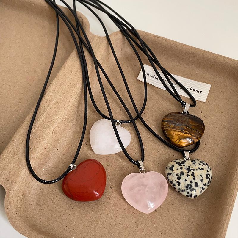 Natural Stone Heart Pendant Necklace - Black Cord, Women's Fashionable Choker for Commuting & Versatile Wear