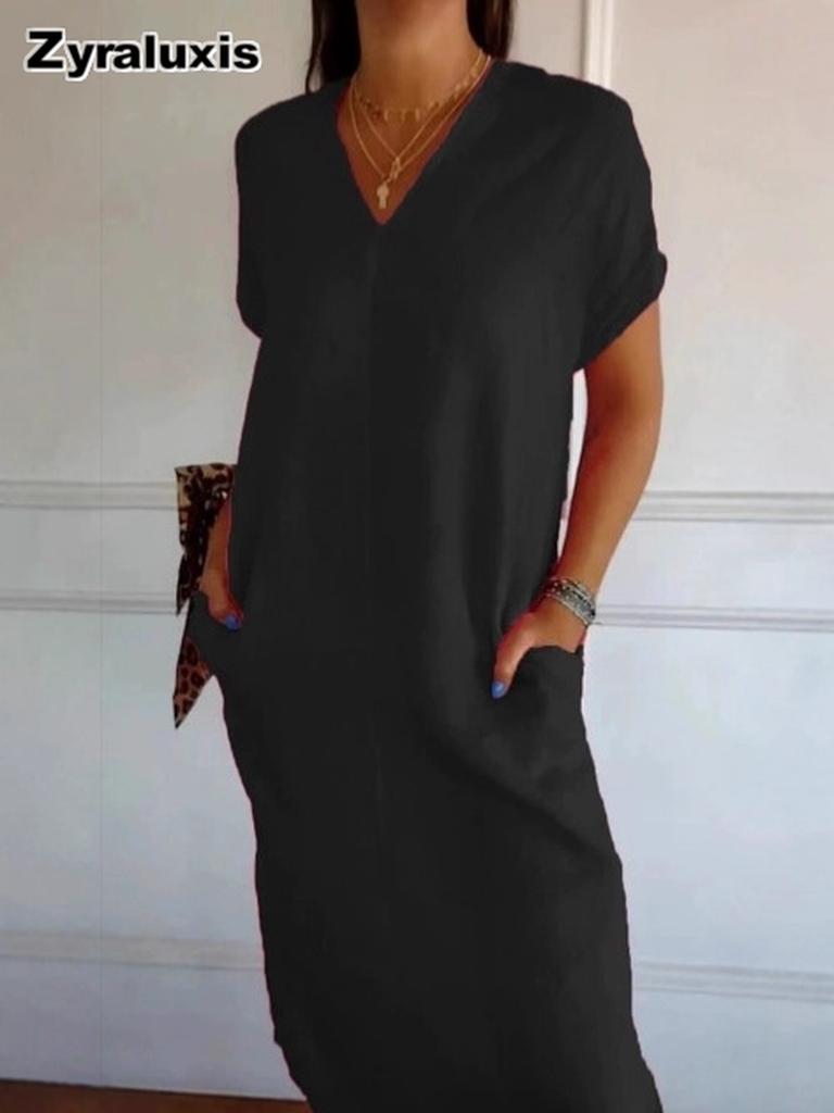 Nuova Moda Estiva da Donna Scollo a V Cotone Lino Manica Corta Spacco Abito Largo per Donne
