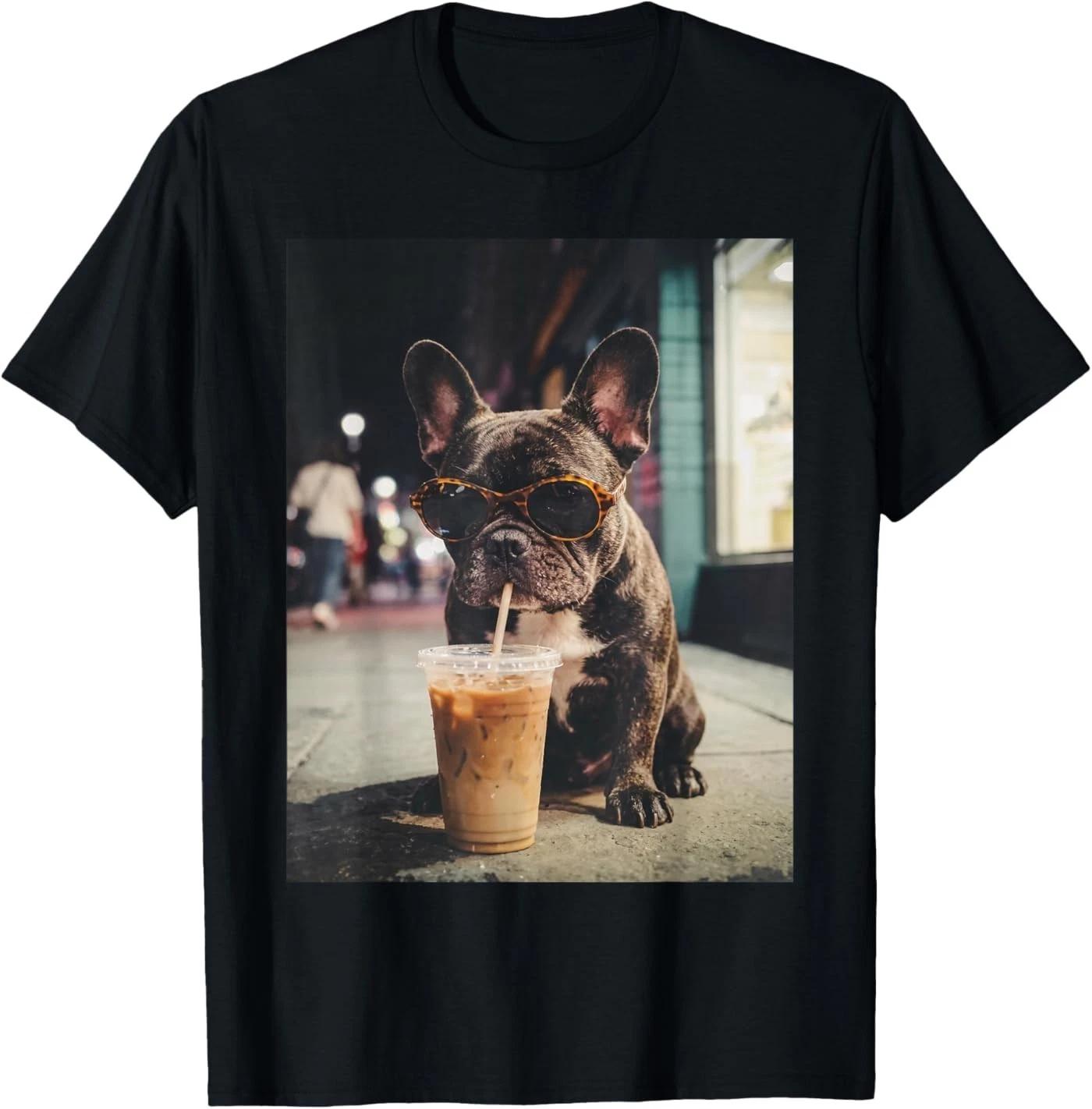 French Bulldog Drinking Iced Coffee Funny Animal T-Shirt S