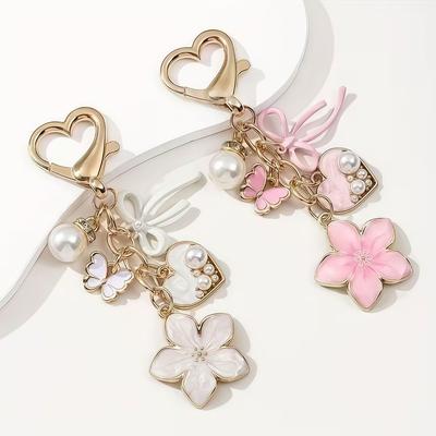 Elegant Zinc Alloy Keychain Heart Shape Pearl Accent Bag Charm Butterfly Shape Enamel Flower Pendant Charm Bag Decoration