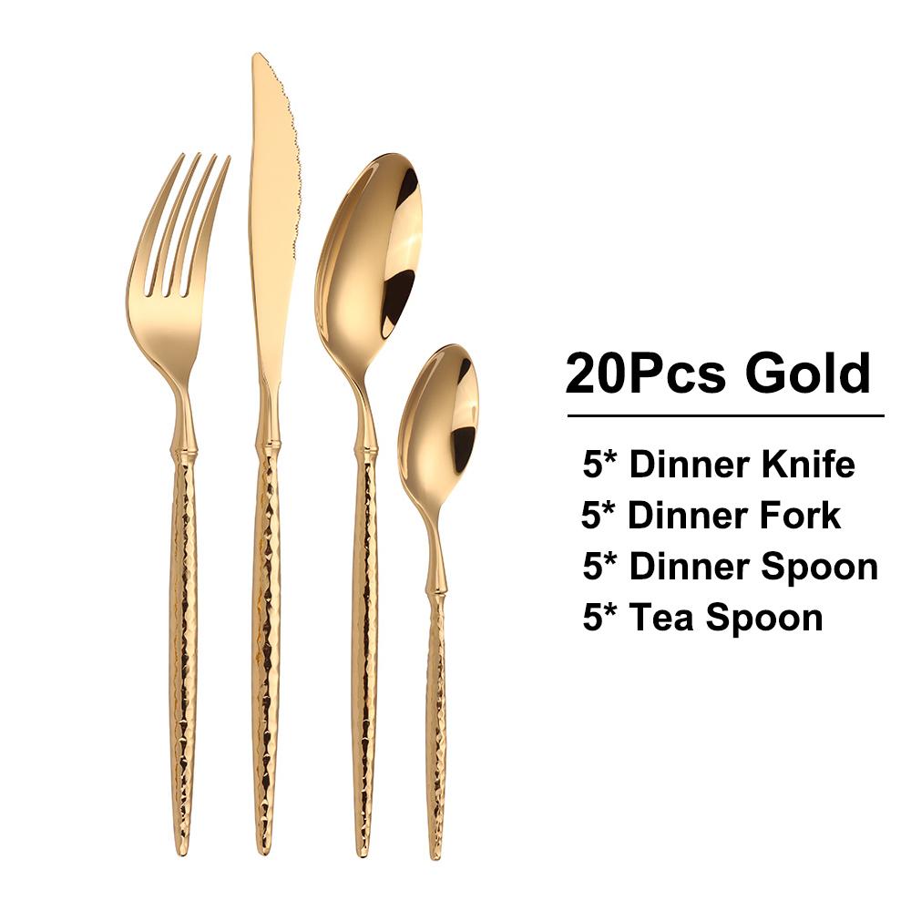 24/30/36Pcs Gold Cutlery Stainless Steel Sliver Tableware Set Hammer Pattern Handle Dinner Set Mirror Western Knife Spoon Fork