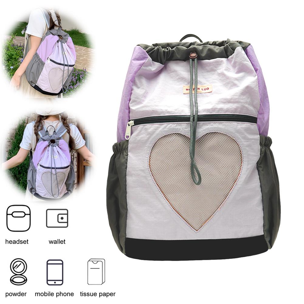 Women School Bookbag Girls Color-Block Large Capacity Backpack Nylon Drawstring Fashion Laptop Daypack Travel Cute Rucksack