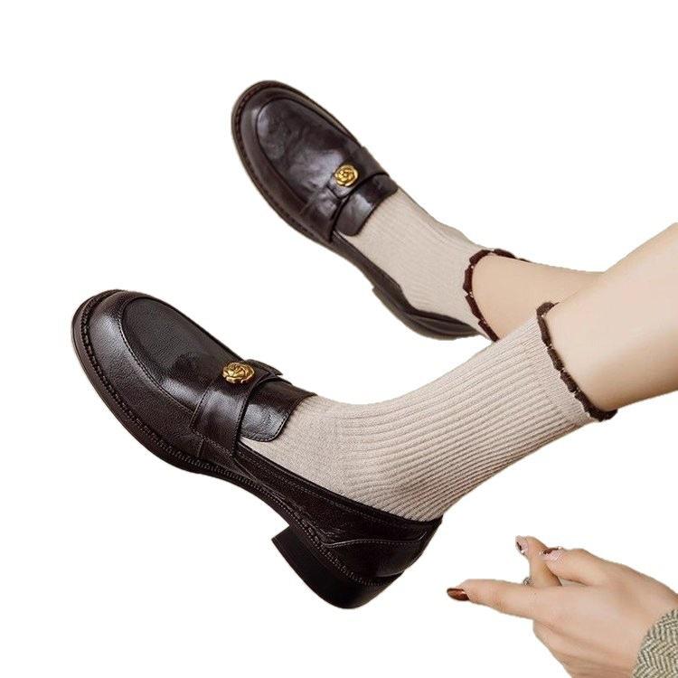 Französische Retro-Kamelie Frühling Neu Pedal Runde Spitze Einzelne Schuhe Weiches Leder Britische Lederschuhe