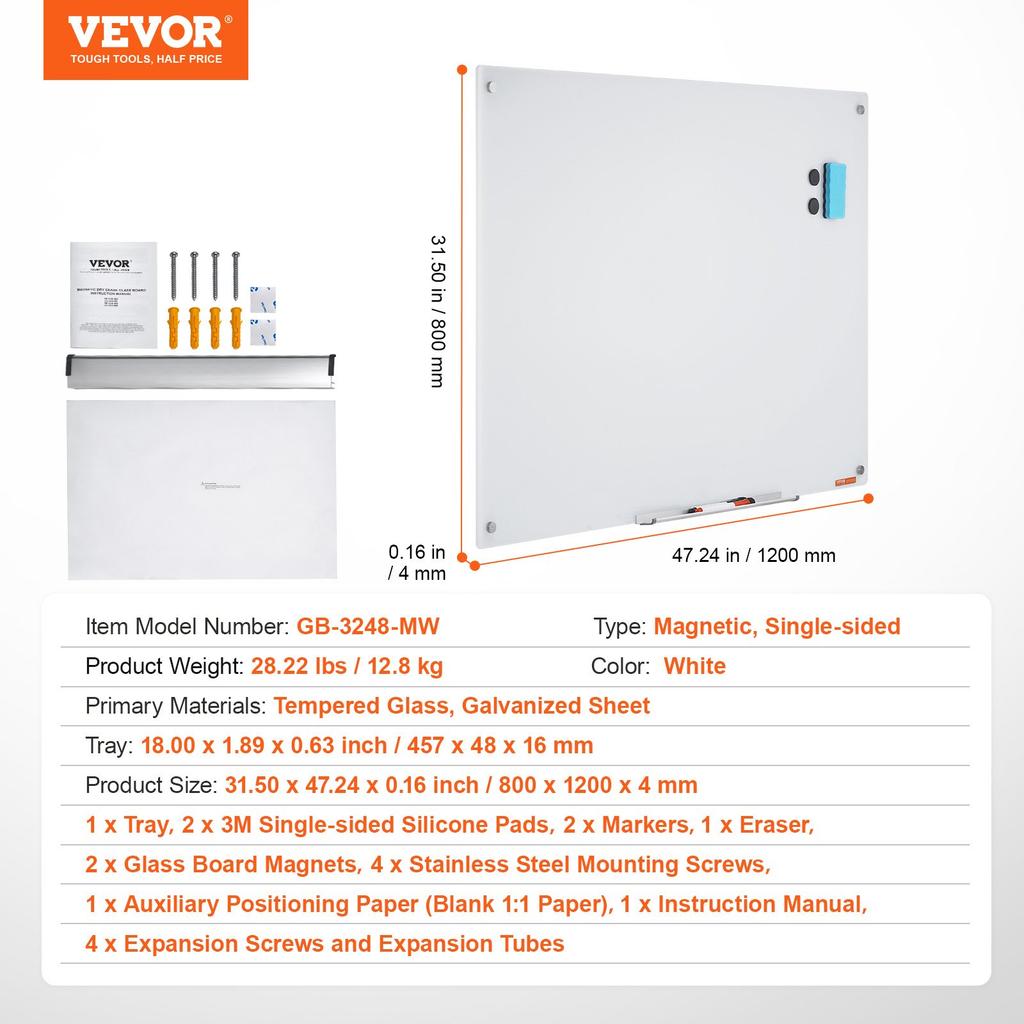 VEVOR Magnetic Glass Whiteboard, Dry Erase Board 1200 X 800 Mm, Wall-Mounted Large White Glassboard Frameless, with Marker Tray