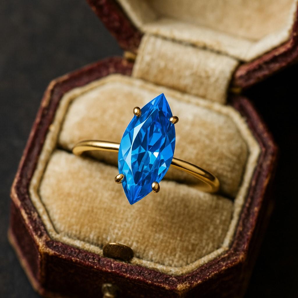 

Кольцо с голубым топазом огранки «маркиза» – Позолоченное желтым золотом солитерное, помолвочное, свадебное, юбилейное, кольцо обещания, подарок для нее 10 US розовый