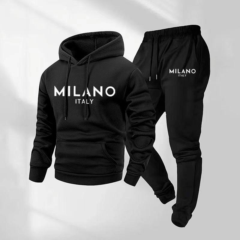 Black Retro Letter Print Men's 2-Piece Set: Hoodie Sweatshirt & Jogging Sweatpants for Winter