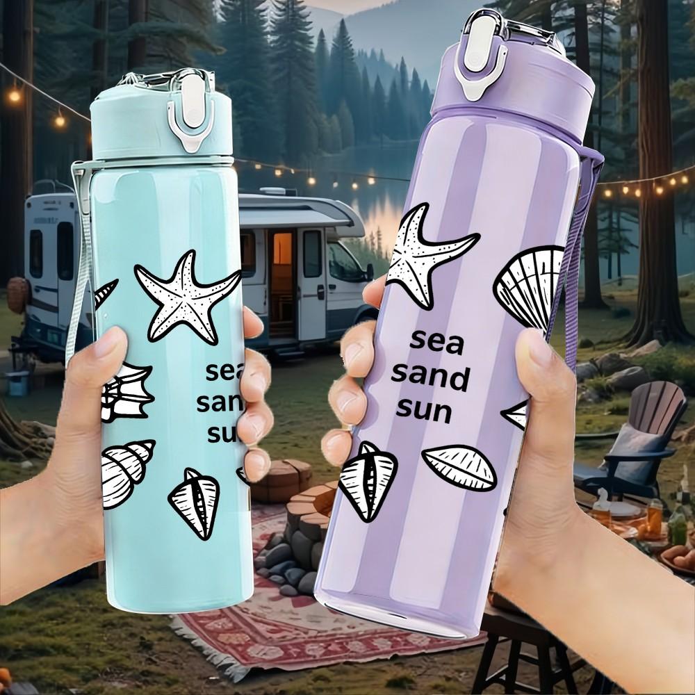 1PC Seashell Starfish Sketch Pattern 750ml Color Plastic Sports Water Bottle Leakproof Flip Straw Lid Suitable for Sports Office Home Use