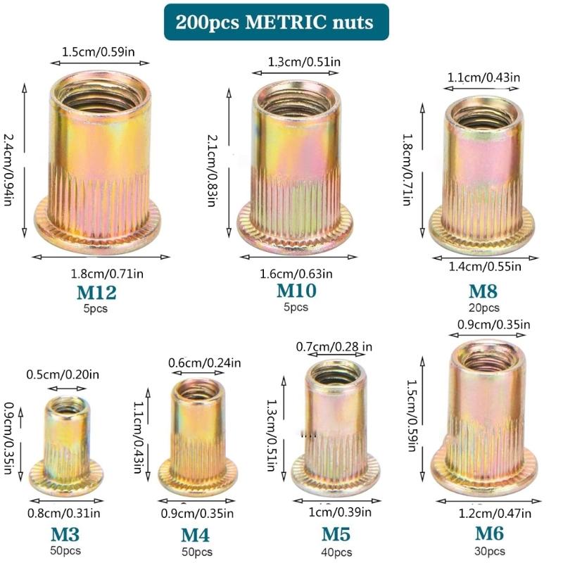 Practical Sturdy Flat Head Rivets Nut Set 400Pieces Sturdy Carbon Steel Nutserts Tool Set Daily Use Craft Supplies