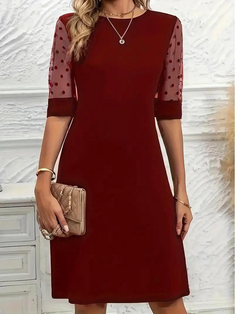 2025 Summer Women's Hepburn Style Lace Patchwork Dress - French Mid-Sleeve Round Neck
