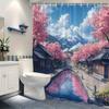 Tranquil Japanese Garden Shower Curtain, Pink Sakura Trees & Stone Pathway, Mountain Landscape,Machine Washable Polyester