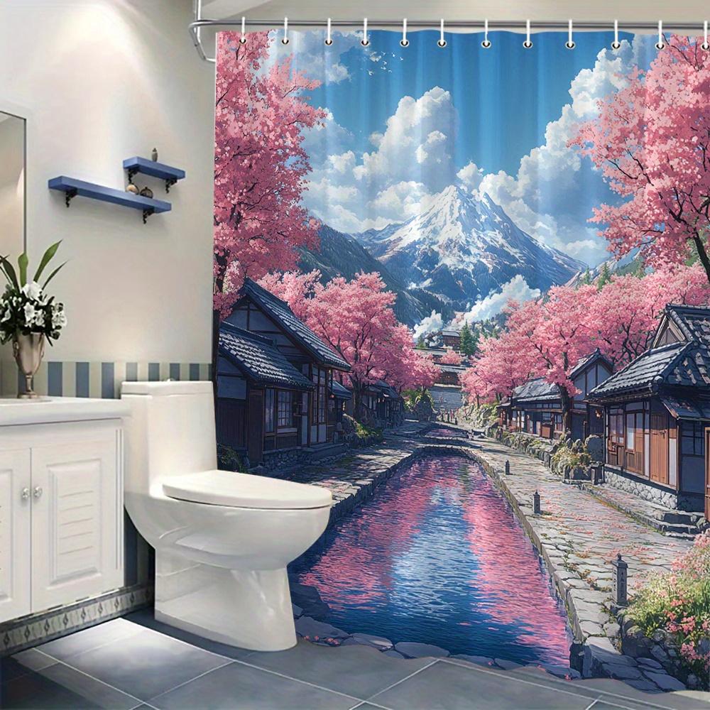 Tranquil Japanese Garden Shower Curtain, Pink Sakura Trees & Stone Pathway, Mountain Landscape,Machine Washable Polyester