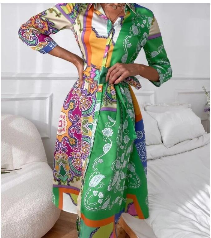 Autumn and winter popular women's clothing straps printed polo collar temperament medium and long dress
