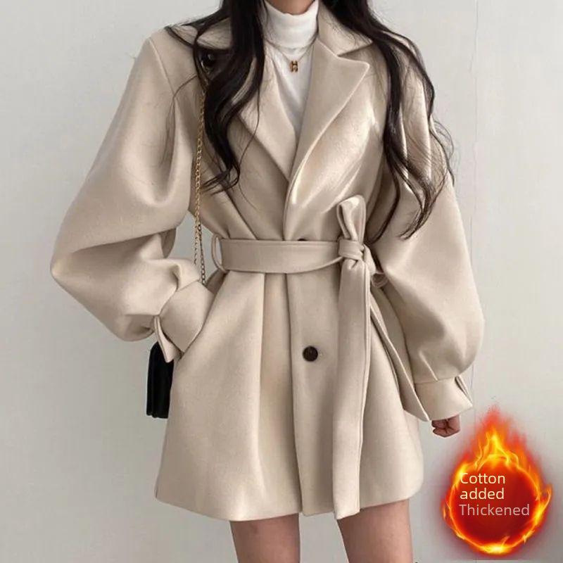 Autumn/Winter Korean-Style Woolen Coat for Women with Lantern Sleeves and Tie, Medium-Length with Suit Collar