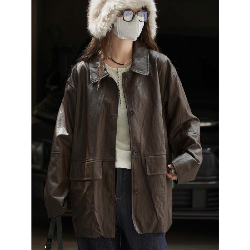 Johnature Korean-style Trendy PU Leather Jacket Loose Coat Winter Casual Versatile Lapel Coat For Women