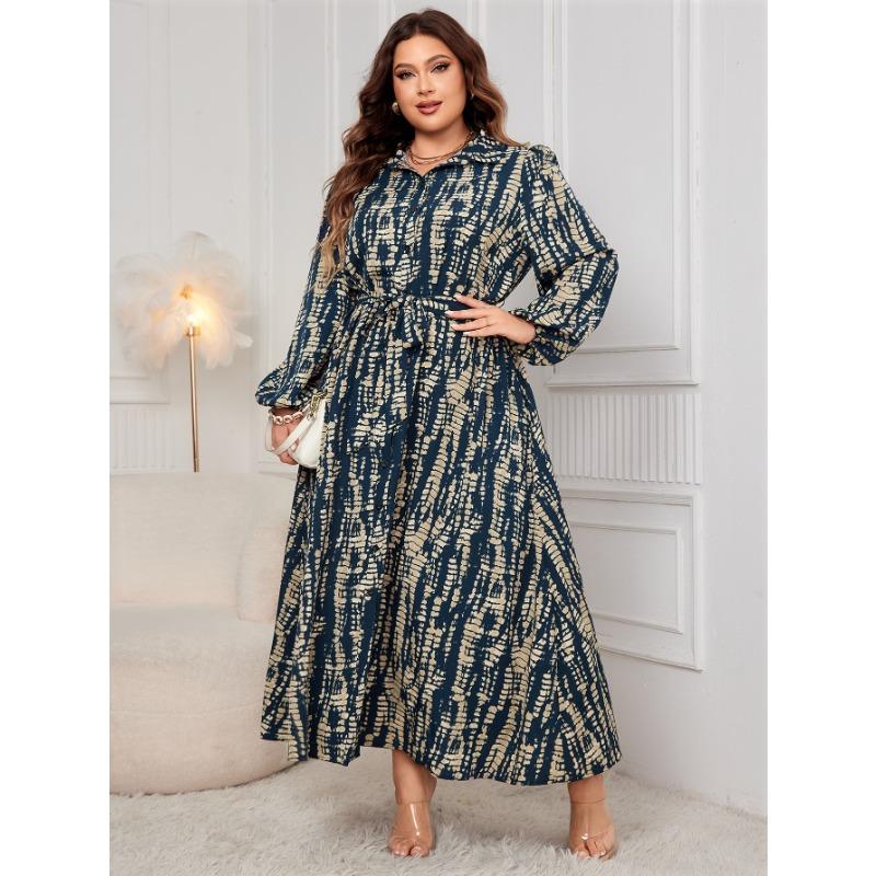 

Женское платье-поло с длинными рукавами и принтом размера плюс 4XL синий