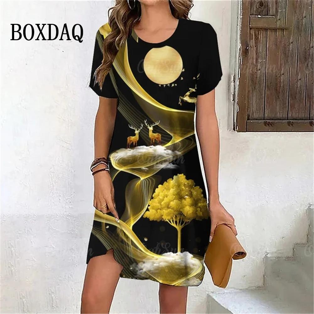Golden Elk Print Dress Women Cute Christmas Evening Dress New Short Sleeve Sexy Dresses Fashion Party Holiday Woman Clothes