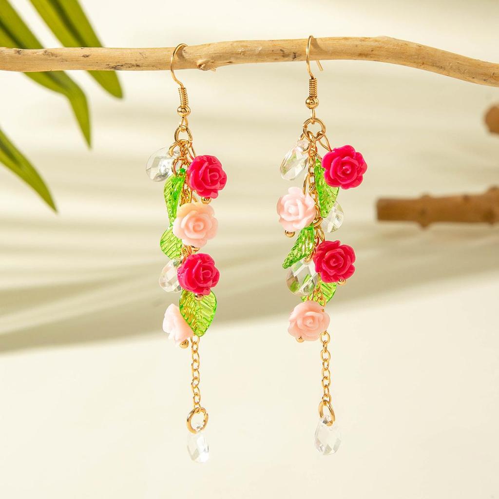 European and American Cross-Border Fashionable Elegant Colorful Rose Leaf Pendant Earrings for Women's Jewelry Forest Women's Style Earrings